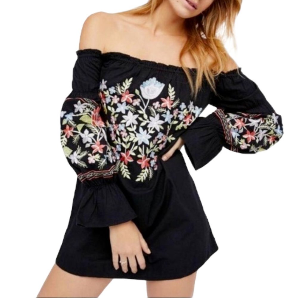 FREE PEOPLE Black Fleur Du Jour Embroidered Mini Dress - Size S